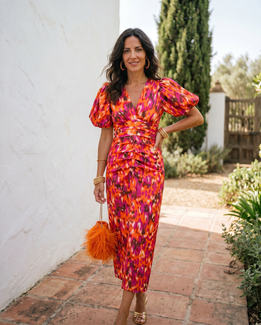Fiamma - Vestito midi stampato con maniche ampie