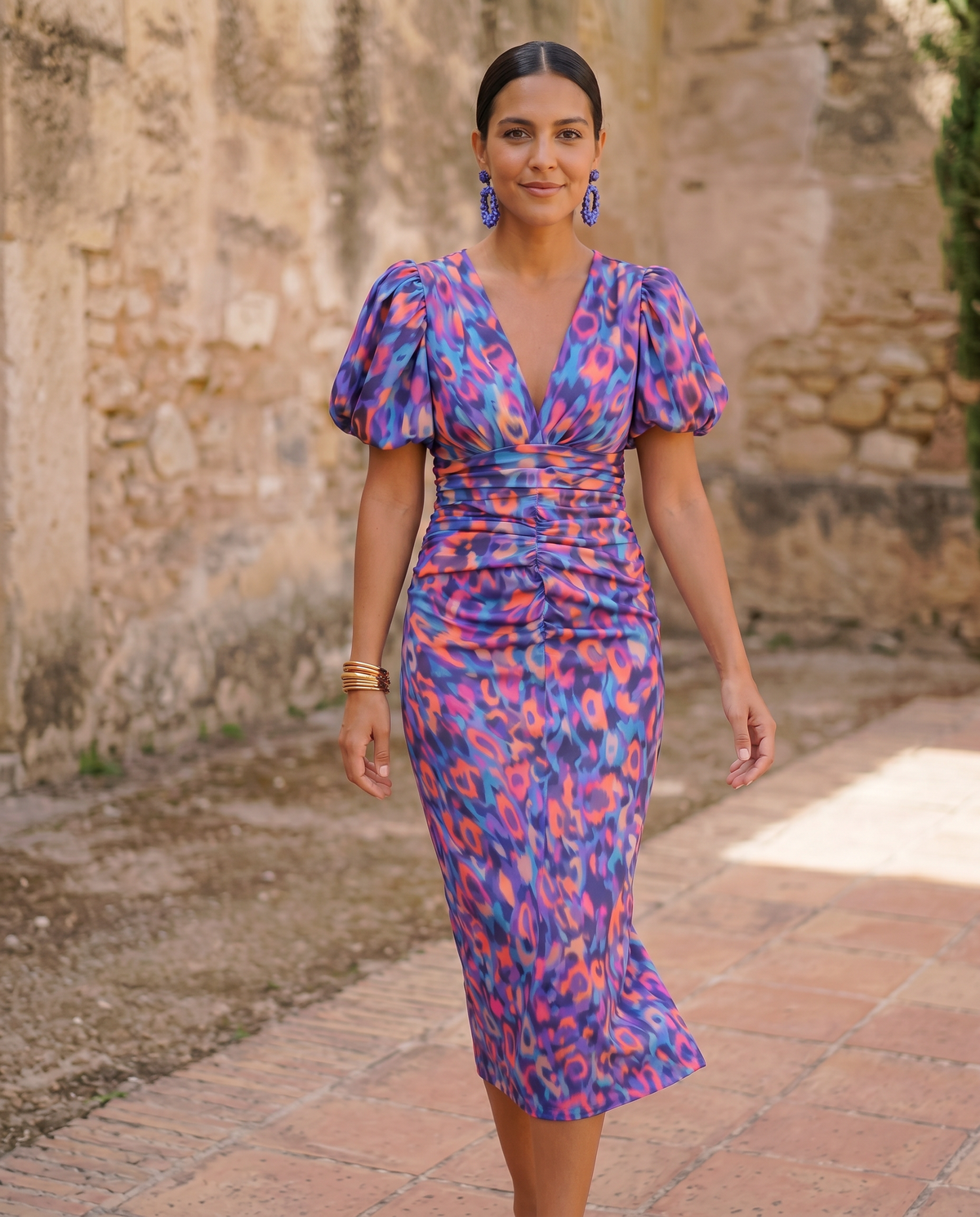 Fiamma - Vestito midi stampato con maniche ampie